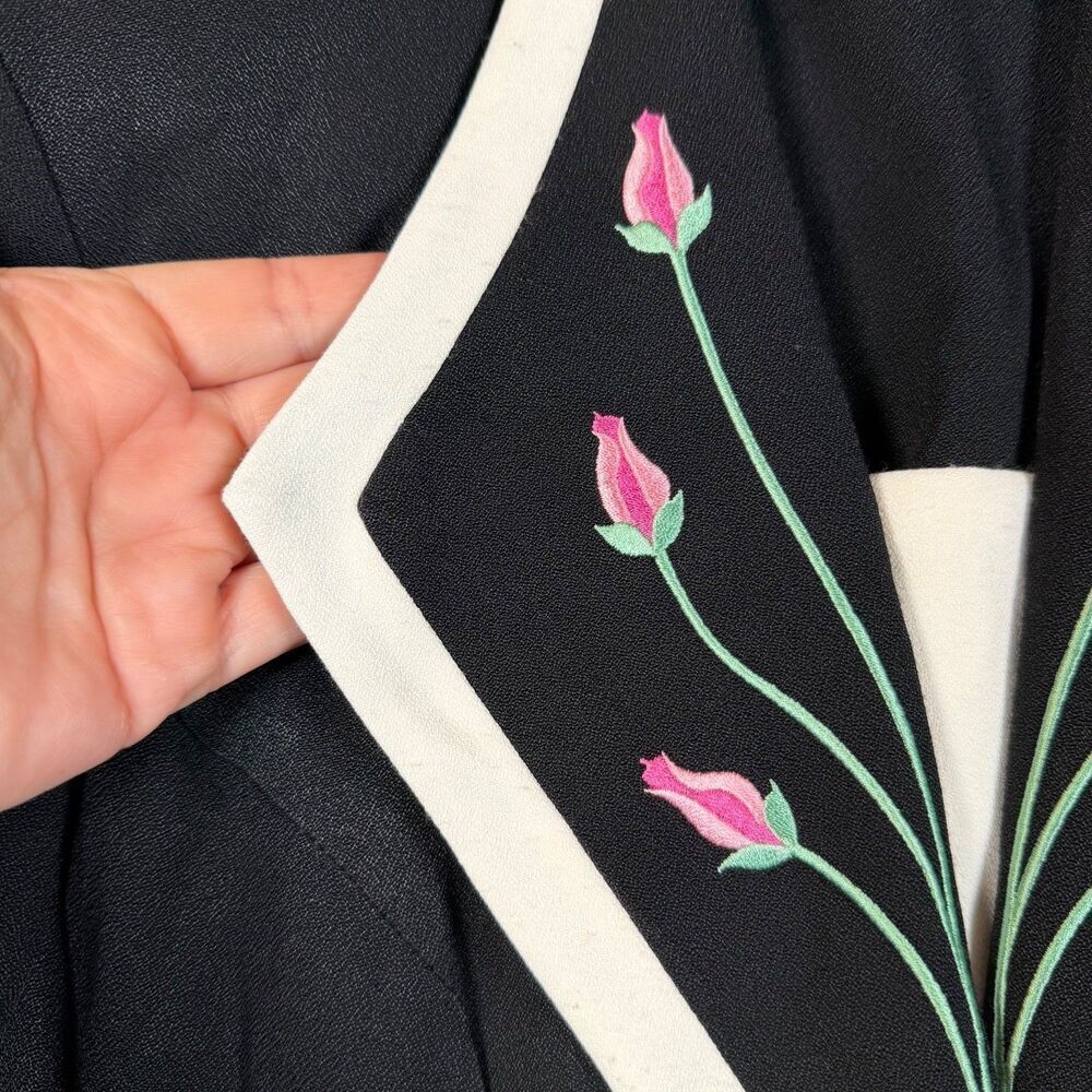 Vintage 90s Embroidered Floral Midi Dress Black Button Front Shirt Dress Womens - Picture 5 of 13